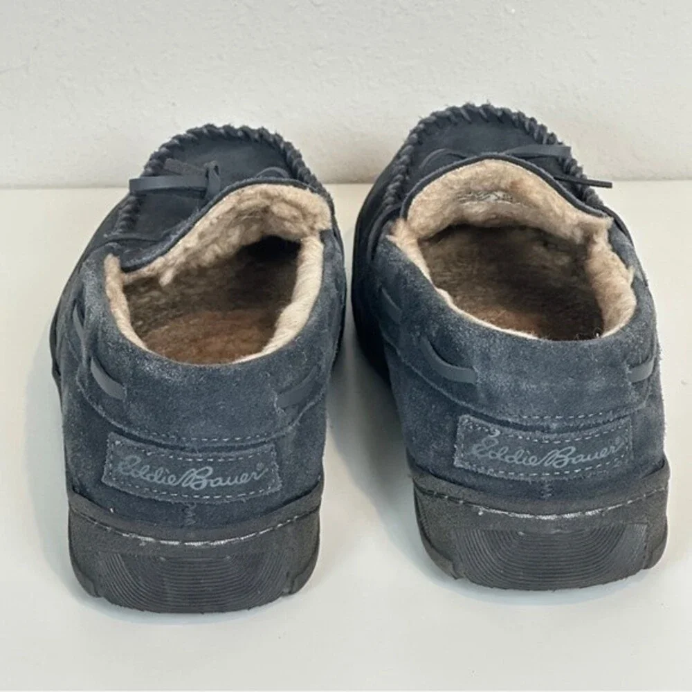 Eddie Bauer Firelight Suede Grey Shearling Lined Moc Slippers L 9.5-10.5